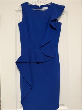 Calvin Klein Cobalt Blue Ruffle Peplum Midi Dress